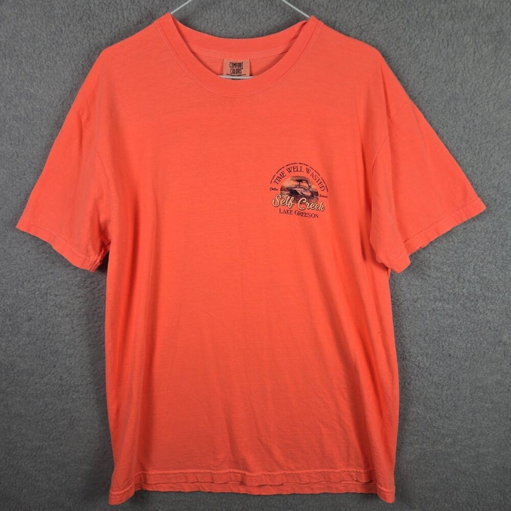 Comfort Colors T-Shirt Mens Large Coral Orange Self Creek Lake Greeson Boat Tee
